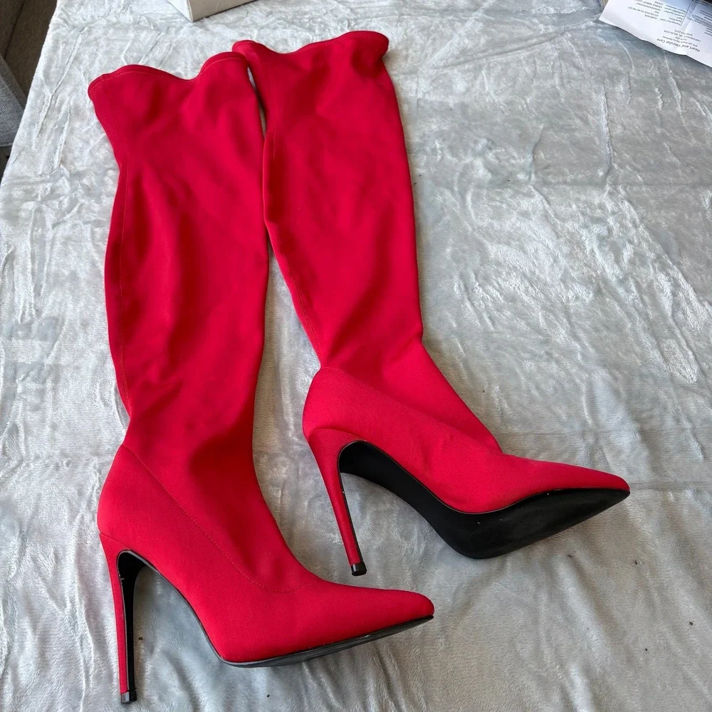 Slammin SLAM01S1 Women Red Stretch Fabric Over The Knee Stiletto Boots 8M